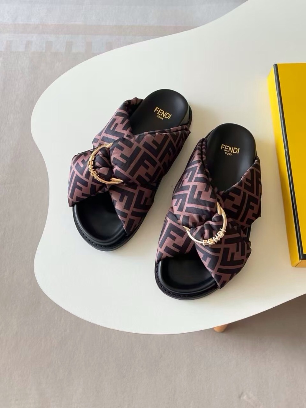 Fendi Brown FF Logo Quilted Slide Sandals